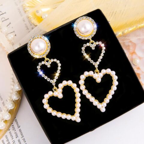 Heart shape Pearl Rhinestone Drop Earrings