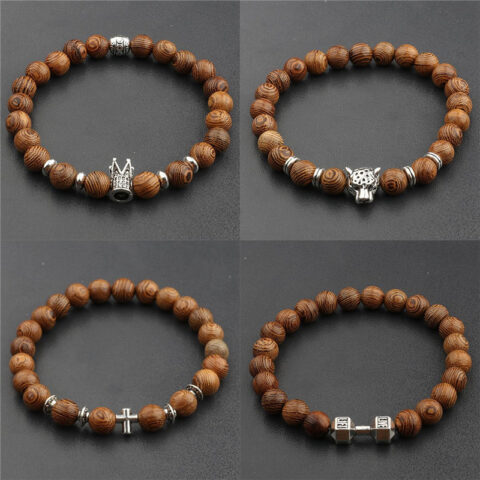 Yoga Chakra Wood Grain Crown Beaded Bracelet