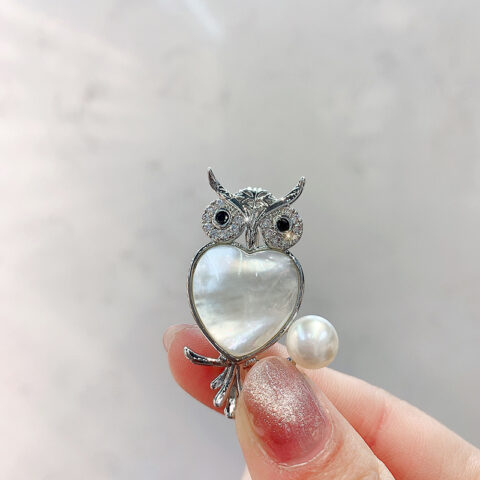 Natural Pearl Copper Zircon Owl Brooch