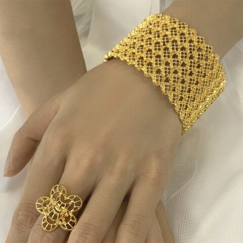 Gold Plated Hollow Copper Bracelet Ring Set