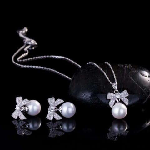 Bow Tie Pearl and Zircon Necklace and Earrings