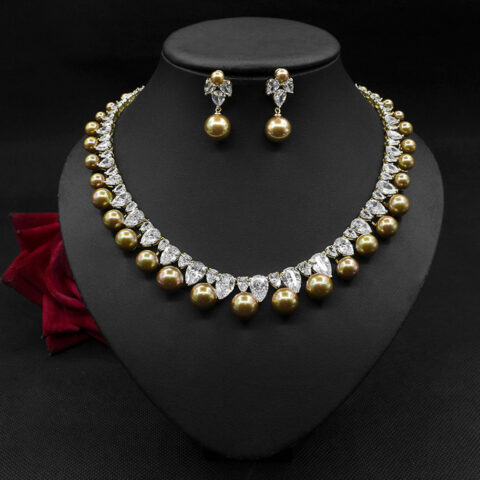 Pearl Zircon Necklace and Earrings Jewelry Set