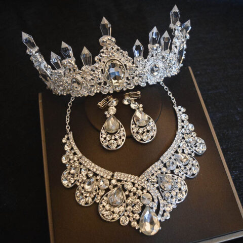 Bridal Headdress and Jewelry Set – Crown, Necklace, Earrings